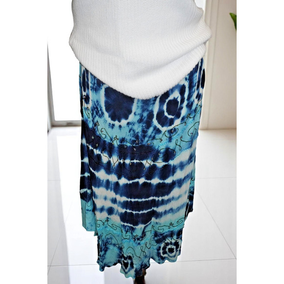 Pink Apple Blue Tie-Dye Boho Skirt – Size L – Embroidered & Sequin Detail Festiv - Picture 4 of 14